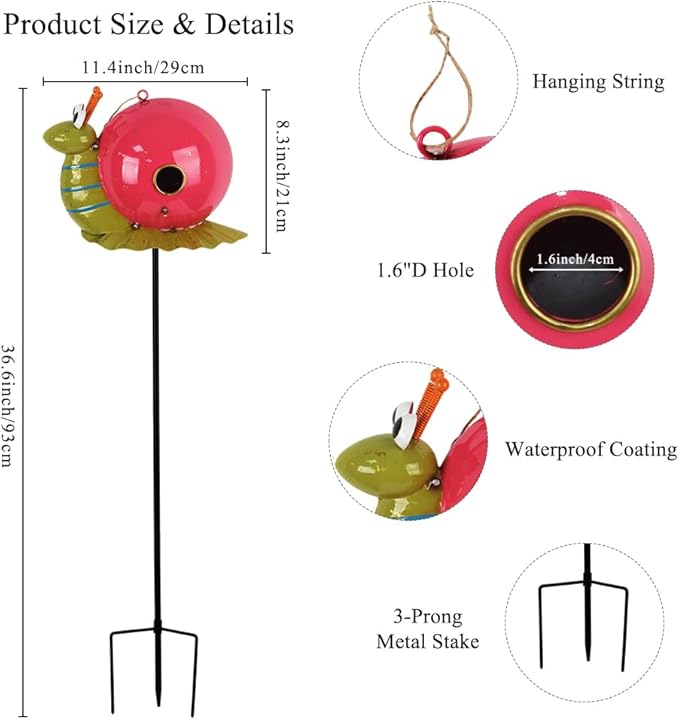 37" Bird Houses for Outside, Outdoor Metal Snail Birdhouse with Hanging String & Poles for Patio, Yard, Garden