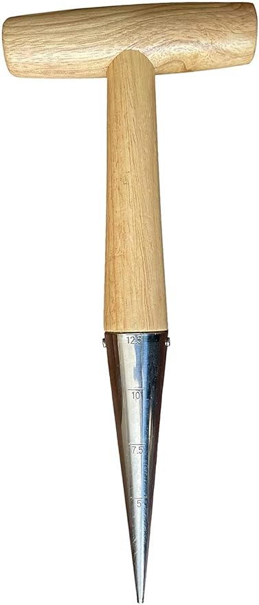 Garden Guru Steel Dibber Planter Tool for Planting Seeds & Bulbs - High Carbon Steel & Comfortable Wood Carved Handle - for Consistent Planting Flowers Tulips, Daffodils, Dahlias (4 Pack)