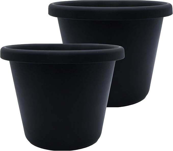 The HC Companies 11.5 Inch Classic Round Planter Pots with Drainage, Rolled Rim Plastic Planters for Indoor & Outdoor Plants, 2-Pack Decorative Flower Pots for Garden, Office & Home Decor, Black