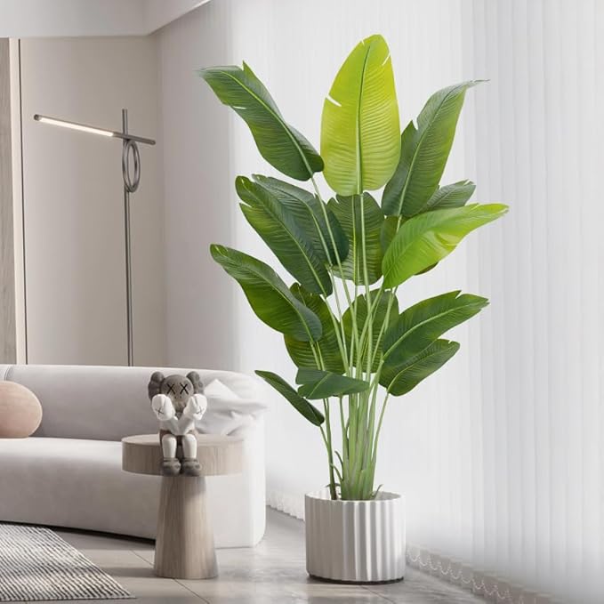 Artificial Bird of Paradise Plant 6.5Ft Tall Fake Tropical Palm Tree Large Fake Plants with 15 Silk Banana Leaves Faux Plant Indoor Decor Trees White Pot for Home Bedroom Living Room Office
