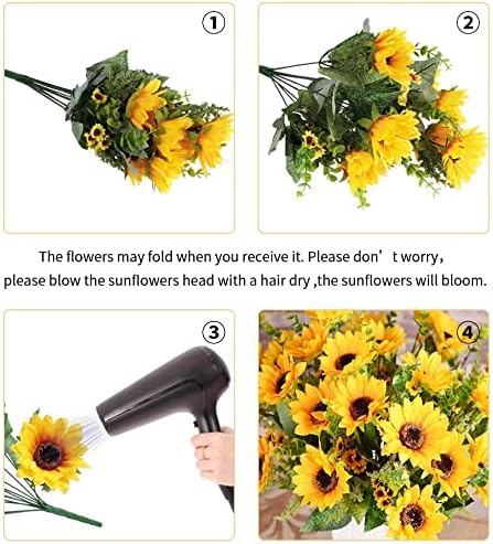 AmyHomie Artificial Sunflowers for Outdoors - 2 Bunches Fake Sunflower Bouquets with 14 Large Blooms, UV Resistant Silk Flowers for Home Wedding Fall Decor, Garden Party Centerpieces, 17.7 Inches