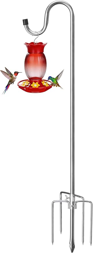 COCONUT Shepherds Hook, 62 Inches Shepherds Hook with 5 Prongs Base Stainless Steel Adjustable Garden Hanging Holder for Bird Feeders Lanterns Planting Hanger Weddings Decor, Silver