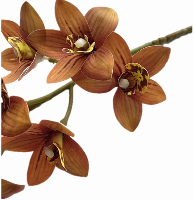 4pcs Artificial Cymbidium Orchid Flower Plant 3D Print Vanda 10 Heads Latex Phalaenopsis Flower (Coffee)