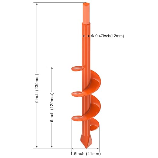 Insaga 1.6" x 9" Auger Drill Bit for Planting, 2.5mm Thick Spiral Earth Drill Garden Auger for Post Hole Digger, Solid Steel Bright Orange Powder Coated, Fit 3/8'' Hex Drive for Bulb Flower Garden