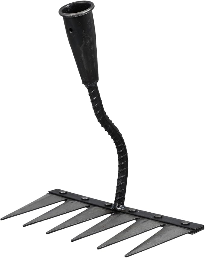 Veemoon Heavy Duty Steel Garden Rake with 6-Tine Sharp Dethatcher for Soil Loosening and Lawn Leveling, Small Hand Tool for Gardening and Landscape Maintenance