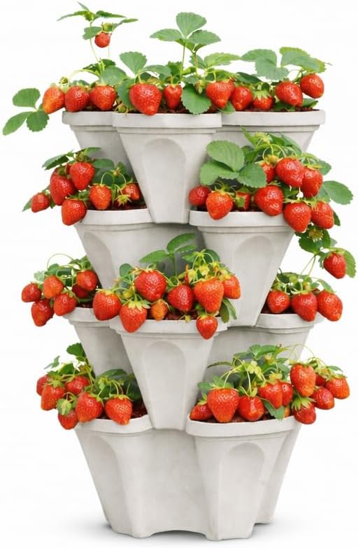 Vertical Garden Planter 4 Tier Stackable System 16 Plants, Space Saving Herb, Strawberry & Food Crop Planter with Center Support Hole for Indoor Outdoor Gardening (4, Stone, Large)