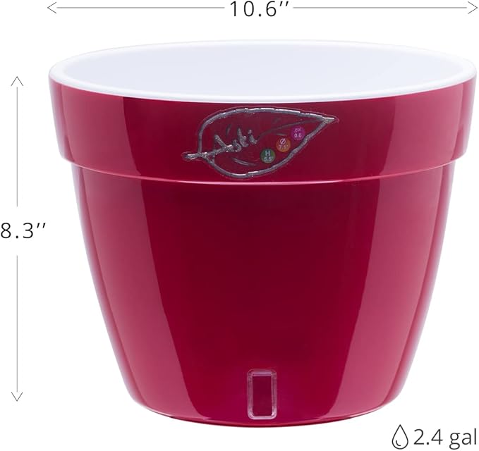 DECOPOTS - Self Watering Planter - Modern Flower Pot with Water Level Indicator for All House Plants, Flowers, Herbs (Diameter 10.6", Red - Pearl/White)