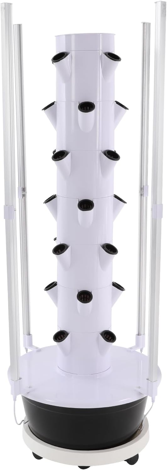 Growing Tower, 28-Plant Hydroponic Indoor Vertical Garden Kit with LED Lighting and 24-Hour Cycle Timer, Hydroponics Growing Tower for Gardens, Farms, School Research Rooms (White and Black)