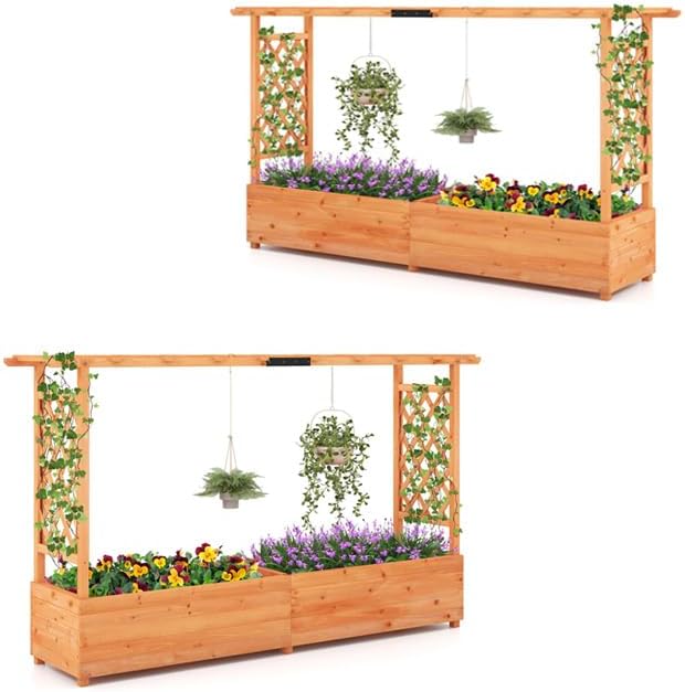 HAPPYGRILL Raised Garden Bed with Trellis, 2 Pack Freestanding Wood Planter Box w/Hanging Roof & 8 Drainage Holes for Vine Climbing Plants Flowers, Outdoor Planter with Trellis for Garden Patio Yard