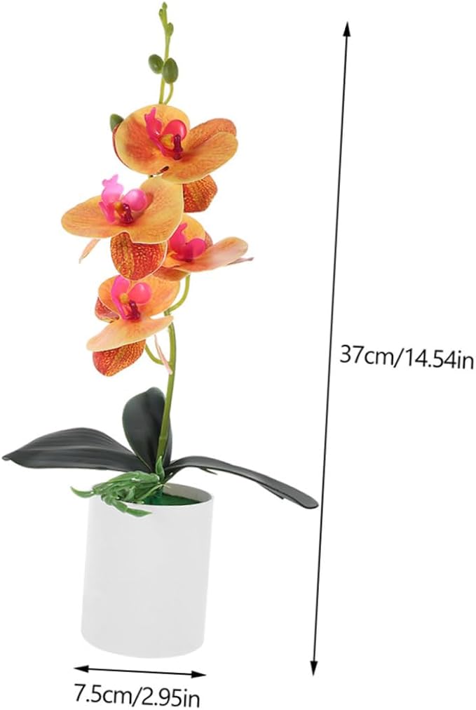 Happyyami 2pcs Artificial Moth Orchids Faux Potted Plant for Home and Office Decoration Realistic Bonsai Ornament for Living Room Garden and Desk Display Orange