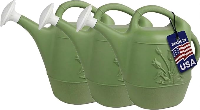 PMU 2 Gallon Watering Can - Garden Watering Can for Indoor & Outdoor Plants - Plastic Water Can with Detachable Sprinkler Head - Large Water Pot, Made in USA - Sage Green Pkg/3