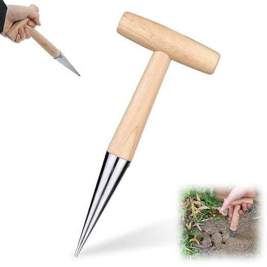 Plant Hole Digger for Planting, Seed Dibber Garden Tool, Hand Dibbler Seed Planter Tool,Bulb Planter Tool, Seeds Transplanting Plants Planting Bulbs, T Wooden Handle - Easy to Drill Holes (1PC)