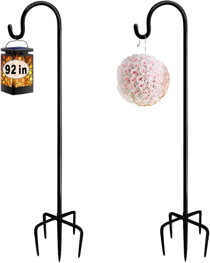 Artigarden 92 Inch Outdoor Shepherd Hooks with 5 Pronger Base (2 Packs), Adjustable Heavy Duty Garden Hanging Stand Holder for Bird Feeders Lanterns Planter Hanger, Matte Black