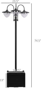 Outsunny 74.5" 3-Head Solar Lamp Post Light with Planter, Solar Pole Lights Outdoor Waterproof LED Lighting for Backyard Pathway Patio Lawn Driveway Decor, Black
