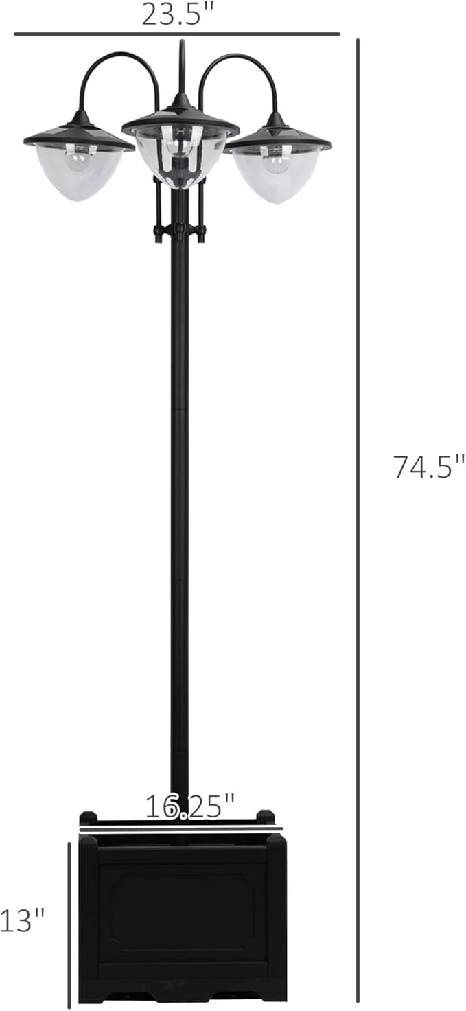 Outsunny 74.5" 3-Head Solar Lamp Post Light with Planter, Solar Pole Lights Outdoor Waterproof LED Lighting for Backyard Pathway Patio Lawn Driveway Decor, Black
