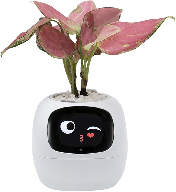 Smart Plant Pot with Expression, AI Intelligent Flower Pot for Indoor Decoration, Smart Garden Pot with Water/Light/Temperature Sensors, Ivy AI Planter(White)