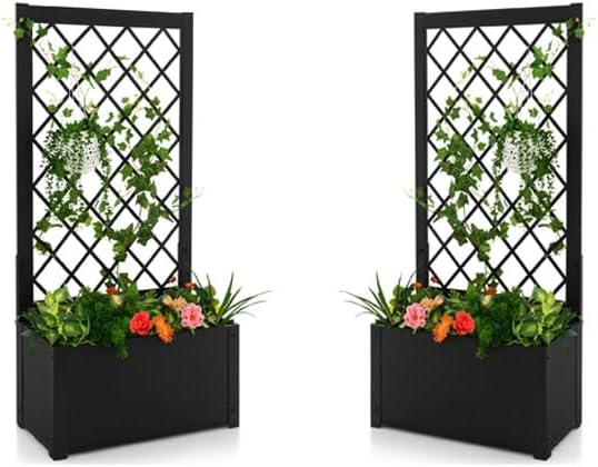 HAPPYGRILL 2 Raised Garden Bed with Trellis, 44” Metal Elevated Garden Box for Climbing Plants Vine, Outdoor Planter Box for Yard, Garden, Balcony