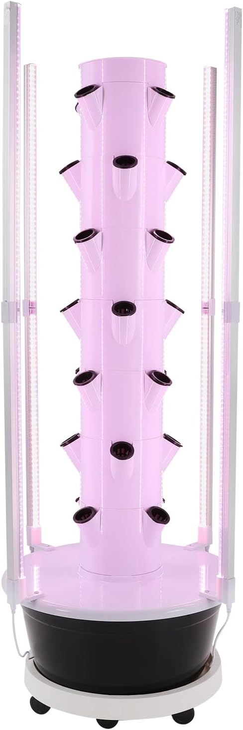 Growing Tower, 28-Plant Hydroponic Indoor Vertical Garden Kit with LED Lighting and 24-Hour Cycle Timer, Hydroponics Growing Tower for Gardens, Farms, School Research Rooms (White and Black)