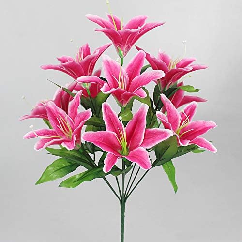 Fake Flower Simulation Flower 10 Lily Bouquet Orchid Perfume Lily Living Room Flower Arrangement Props Plastic Silk Flower(DarkPink)