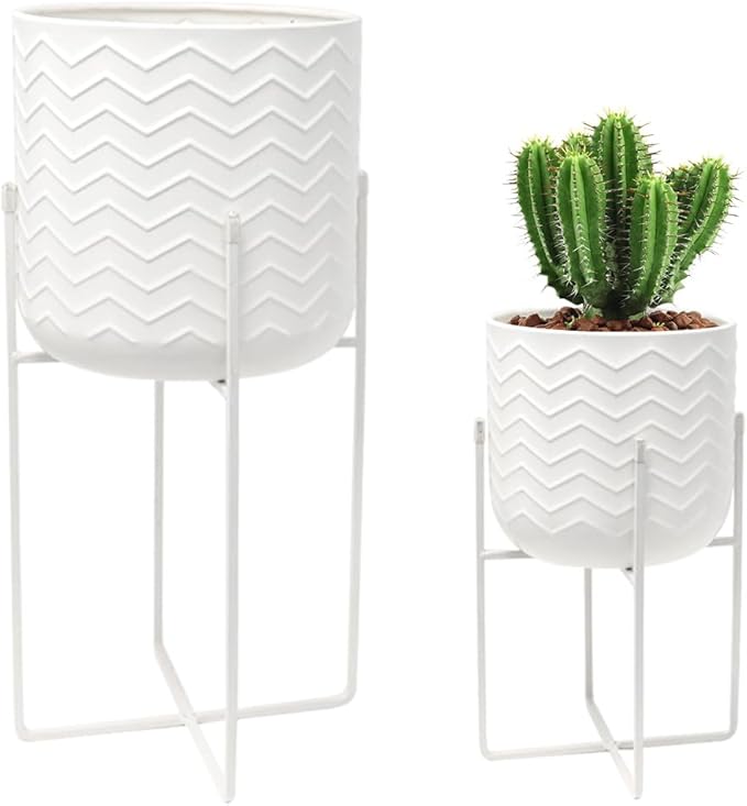 TRIROCKS Set of 2 Planters with Stand Indoor Otdoor Metal Plant Stand 18&12" Tall Modern Planters Flower Pots for Living Room Corner Kitchen Office Garden Balcony Patio Decor(White)