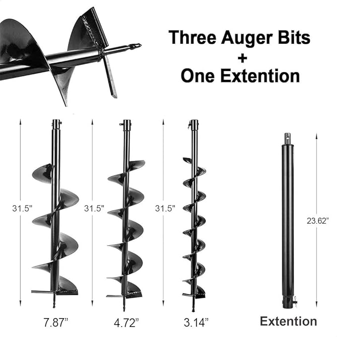 62cc Post Hole Digger 2-Stroke Petrol Gas Powered Earth Digger with 3 Auger Bits (3" 5" 8") + 3 Extension Bar (24" 24" 24") for Farm Garden Plant Fence and Planting