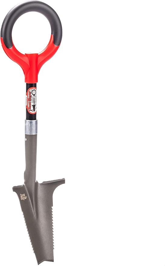 Root Slayer 22411 Mini Digger Garden Shovel with Serrated Blade for Digging and Root Cutting, Steel Spade, Red