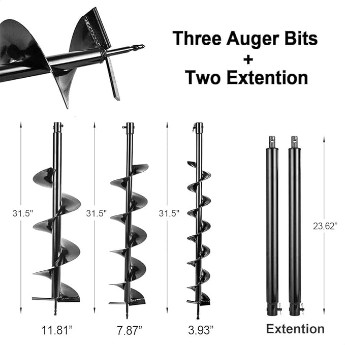 72cc Post Hole Digger 2-Stroke Petrol Gas Powered Earth Digger with 3 Auger Drill Bits (4" 8" & 12") + 2 Extension Rods for Farm Garden Plant