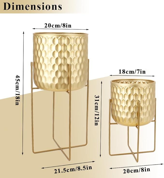 TRIROCKS Set of 2 Planters with Stand Indoor Otdoor Metal Plant Stand 8 * 18 &7 * 12 "Modern Planters Flower Pots for Living Room Corner Kitchen Office Garden Balcony Patio Decor(Gold)