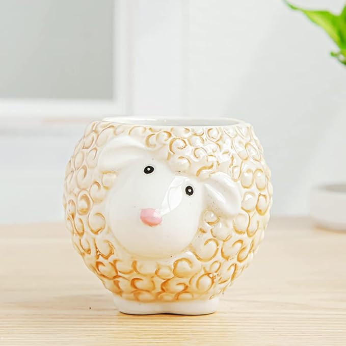 DIYOMR Cute Animal Ceramics Planter Small Succulent Pot Cartoon Shaped Plant Pot for Mini Plants Flower Cactus, Smooth Shiny Ceramic - Plants Not Included (Sheep)