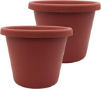 The HC Companies 14 Inch Classic Round Planter Pots with Drainage, Rolled Rim Plastic Planters for Indoor & Outdoor Plants, 2-Pack Decorative Flower Pots for Garden, Office & Home Decor, Clay