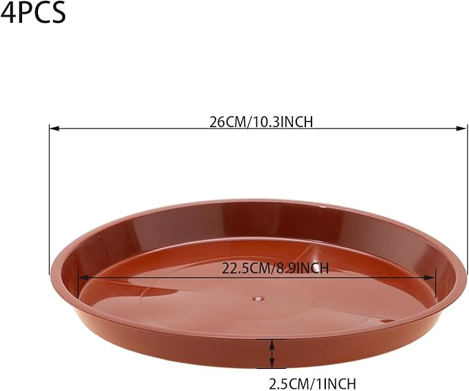 4pcs Terracotta Plastic Plant Saucers (10 inch) - Heavy Duty Indoor Plant Trays for Pots with Water Drainage, Drip Catcher & Decor (Set of 6 Round Saucers)