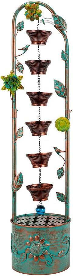 40" Vintage Metal Floor Water Fountain - Soothing Waterfall Outdoor Fountains with 6 Hanging Cups for Garden Patio Backyard Deck Decor, 1105 - Rusty Bronze Leaves