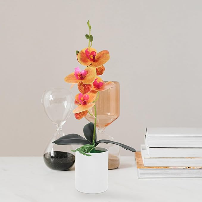 Operitacx 2pcs Artificial Potted Plant Faux Orchid Bonsai Orange Simulation Desktop Fake Orchid Flowers for Home Living Room Decoration