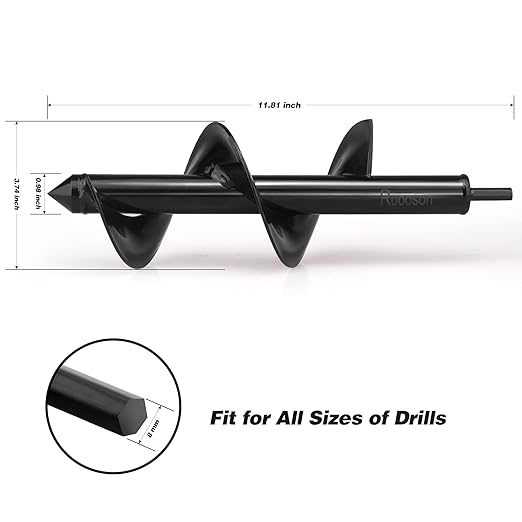 Auger Drill Bit for Planting Ruooson 3.7X11.8 in Garden AugerSpiral, Easy Planter Rapid Planter Plant for 3/8" Hex Drive <1Pcs>. (3.7x11.8 in)