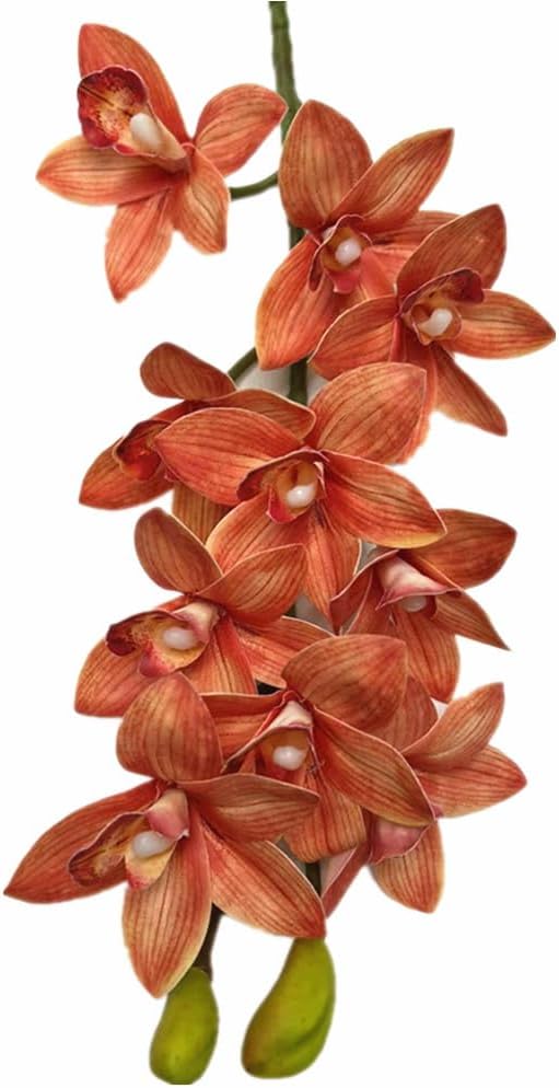 4pcs Artificial Cymbidium Orchid Flower Plant 3D Print Vanda 10 Heads Latex Phalaenopsis Flower (Orange)