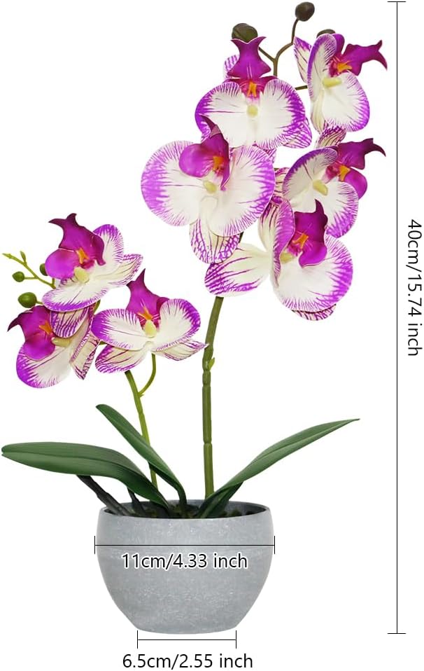 Purple Orchid Artificial Flowers 2 Stems in Grey Pot, Potted Faux Orchid Flower for Home Bathroom Table Living Room Office Kitchen Decor