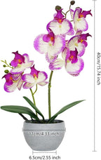 Purple Orchid Artificial Flowers 2 Stems in Grey Pot, Potted Faux Orchid Flower for Home Bathroom Table Living Room Office Kitchen Decor