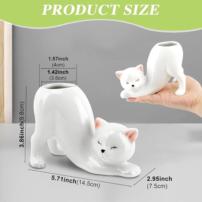 Tailless Cat Ceramic Planter – for Succulents & Cactus, Indoor Small Pot | Home/Office Desk Decor, Gift for Pet Lovers