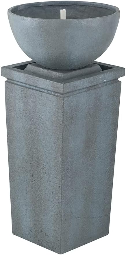 35.5" Polyresin Gray Zen Bowl Water Fountain, Outdoor Bird Bath and Pedestal Waterfall, Modern Minimalist Relaxing Water Feature for Garden, Lawn, Backyard & Porch