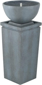 35.5" Polyresin Gray Zen Bowl Water Fountain, Outdoor Bird Bath and Pedestal Waterfall, Modern Minimalist Relaxing Water Feature for Garden, Lawn, Backyard & Porch