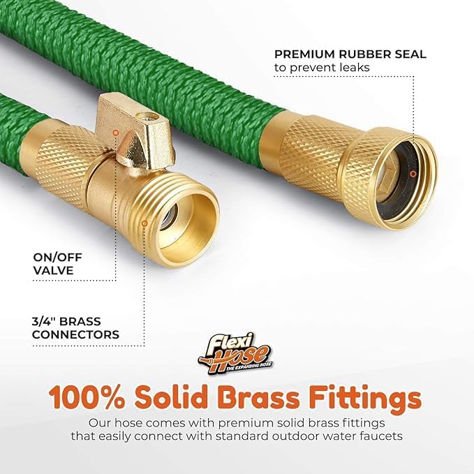 Flexi Hose with 8 Function Nozzle, 150FT - Lightweight Expandable Garden Hose, No-Kink Flexibility, 3/4 Inch Solid Brass Fittings and Double Latex Core - Green