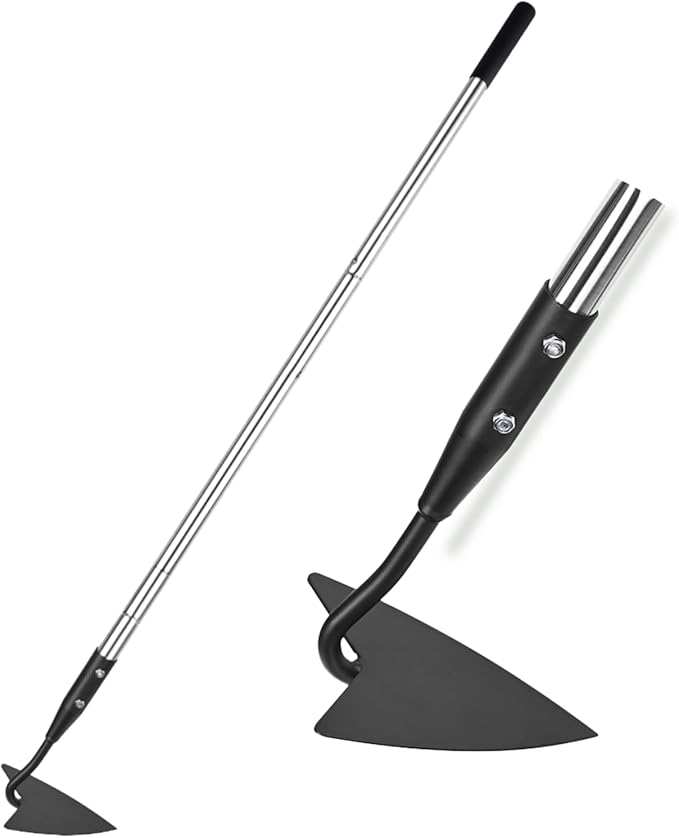 YEELOR Warren Hoe, Carbon Steel Triangle Garden Hoe with Stainless Steel 57" Adjustable Long Handle, Heavy Duty Gardening Hand Tools Hoe for Ridging Weeding Digging Loosening Edging Soil, Balck