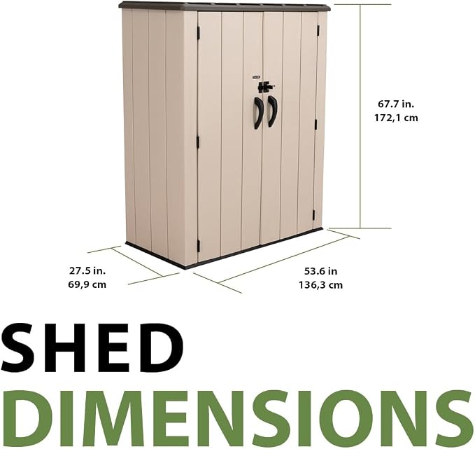 Lifetime Vertical Storage Shed, Desert Sand, Resin Outdoor Tool Shed with Lockable Doors and Weather-Resistant Panels