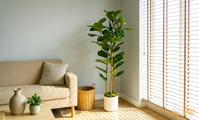 Artificial Fiddle Leaf Fig Tree 6FT with White Tall Planter-Large Faux Tree Tall Fake Floor Plant in Pot,Artificial Plants Indoor for Home Office Living Room Décor(Lyrata 6FT)