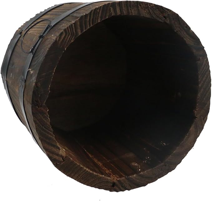 MY MIRONEY Plant Pots, Vintage Wooden Barrel Planter - Solid Rustic Garden Flower Pot with Metal Handles & Frame for Indoor Planter, Office Home Decor, Garden Home Plants, 4.72" x 3.94"