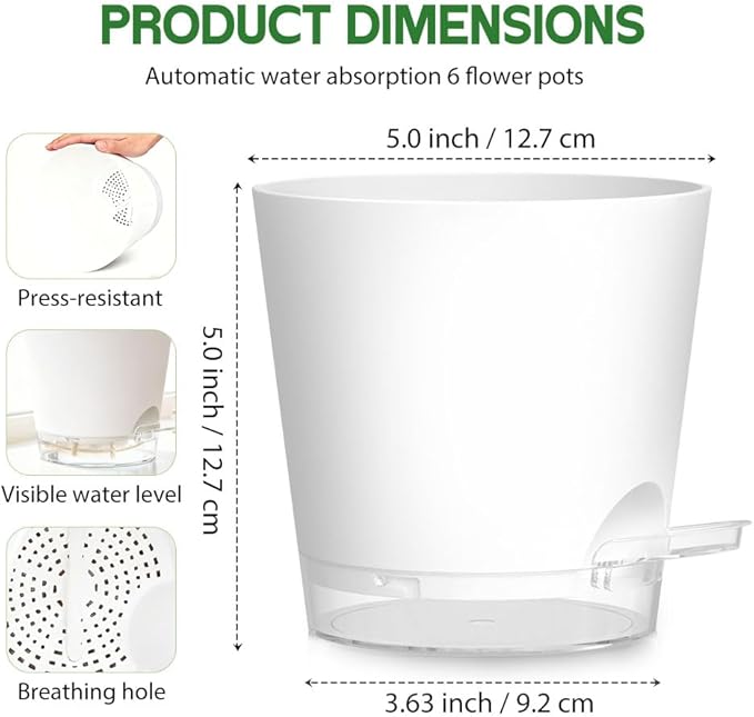 Self Watering Pots for Plants, 2026 New Flower Plant Pots with Drainage Holes, Wicking and Clear Reservoirs for Succulent, Aloe, Cacti and Others - 6 Pack (White, 5")