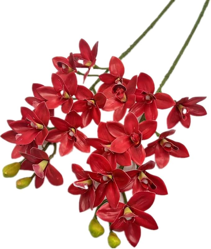 4pcs Artificial Orchid Flower Flower Vanda 10 Heads Realistic Touch, Lifelike FlowersRed Cymbidium Phalaenopsis Flower (red)
