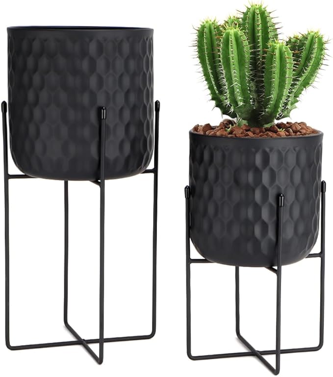 TRIROCKS Set of 2 Metal Planters with Stand, Small Indoor Plant Pots 8 * 18 &7 * 12" Modern Decorative Flower Pots for Living Room, Entryway, Office, Balcony(Black)