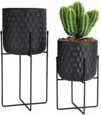 TRIROCKS Set of 2 Metal Planters with Stand, Small Indoor Plant Pots 8 * 18 &7 * 12" Modern Decorative Flower Pots for Living Room, Entryway, Office, Balcony(Black)