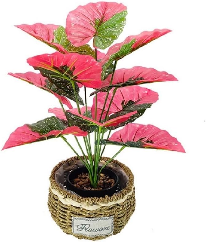 Artificial Caladium Plant with Red and Green Leaves, Red Leaf Artificial Plants Decoration Simulated Bonsai Potted Decor Home Room Party Wedding Office Floor(Rosered(No Flowerpot), 60cm)
